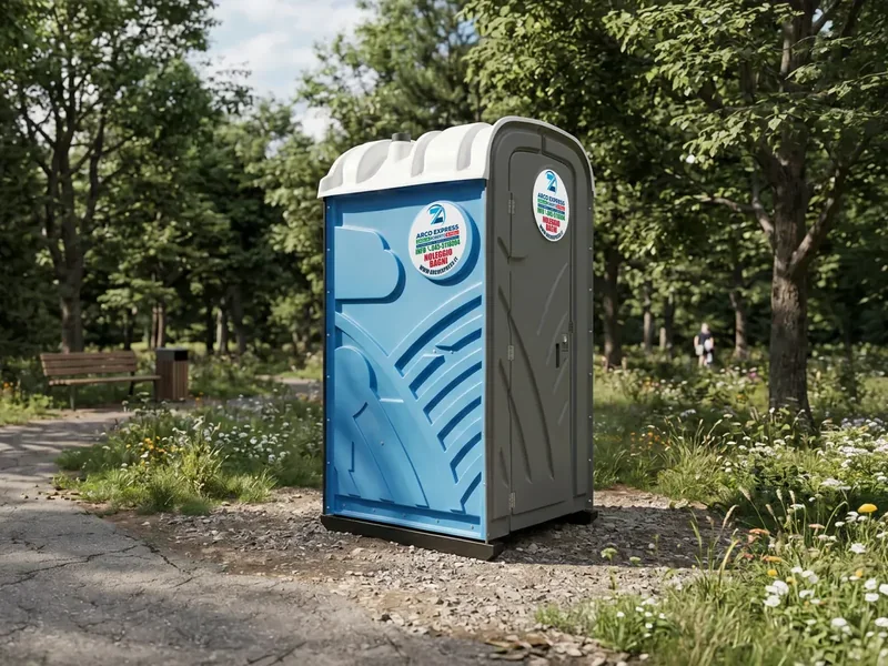 Bagno chimico con pannelli azzurri e adesivi Arco Express in un’area verde.