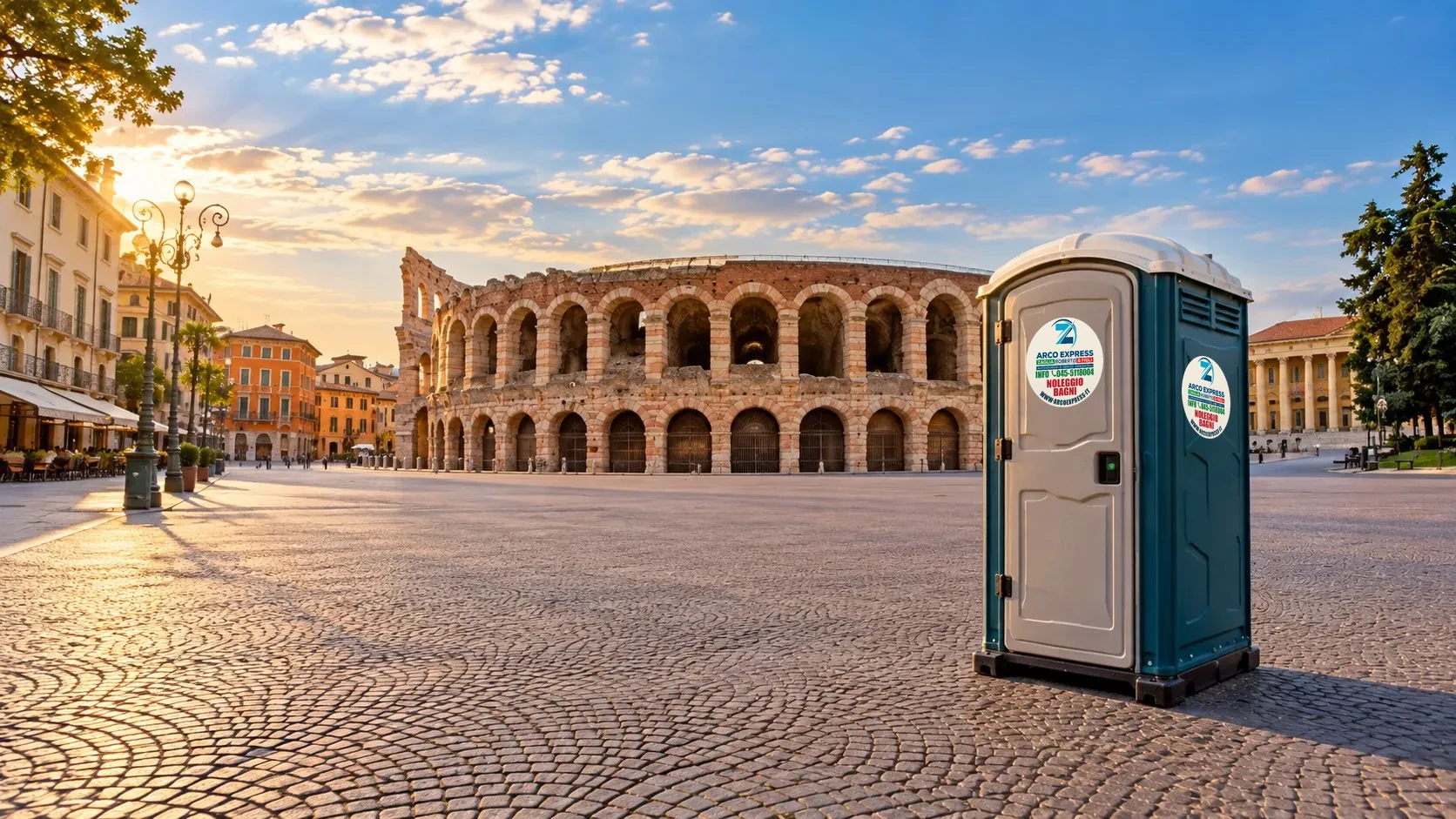 Bagno chimico con porta grigia e pannelli verde petrolio in Piazza Bra, con l’Arena di Verona sullo sfondo