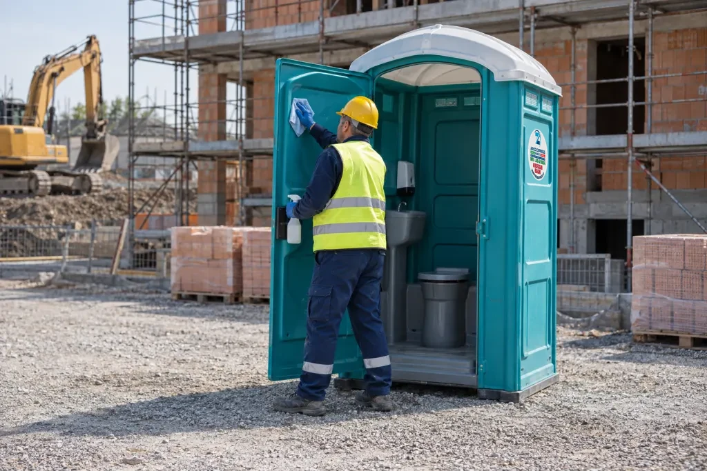 Operatore con guanti e casco mentre pulisce la porta di un bagno chimico in un cantiere edile