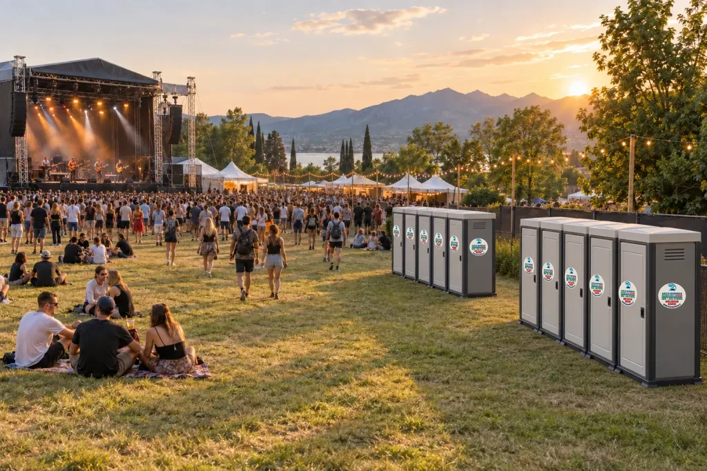 Bagni chimici eleganti con porte chiare ai margini di un festival, con palco e pubblico ben visibili